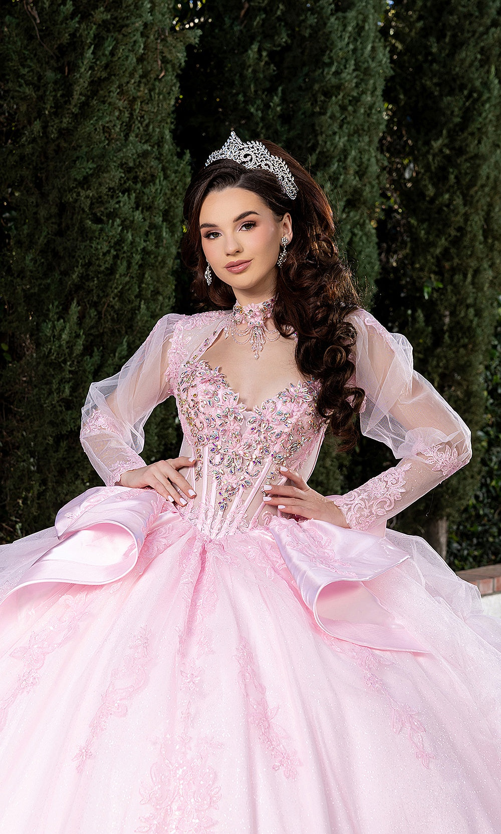 May Queen LK299 pink ball gown — outdoor front view of the illusion sleeves and full quinceañera skirt