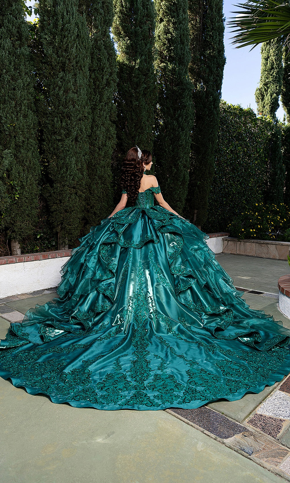 May Queen LK300 hunter green quinceañera ball gown — front view of the tiered ruffle metallic skirt