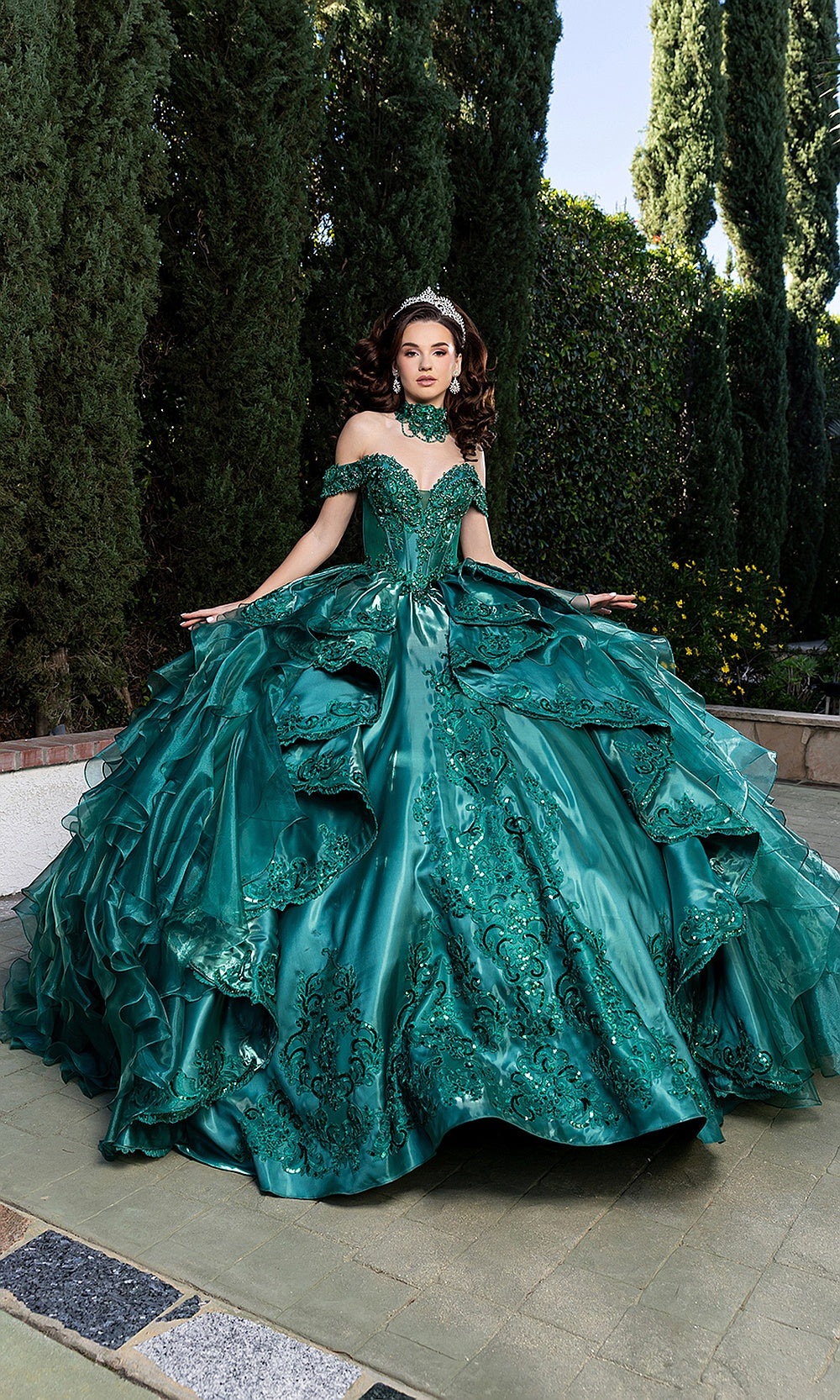 May Queen LK300 hunter green off-shoulder ball gown — front view of the ruffled quinceañera skirt