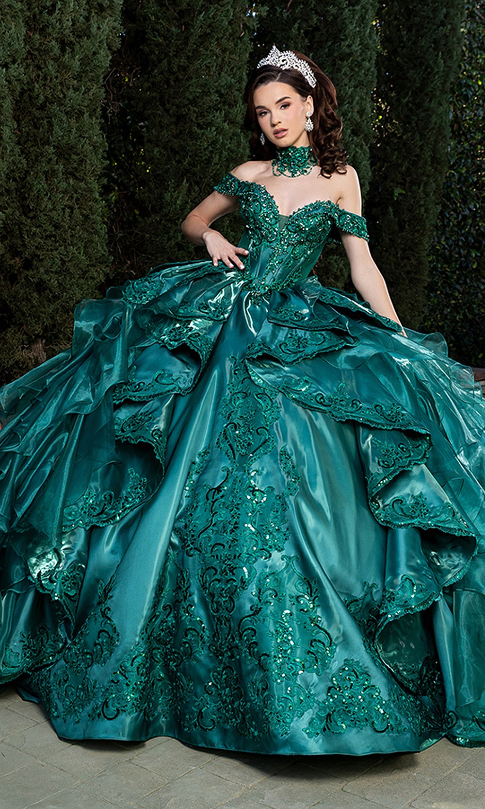 May Queen LK300 hunter green quinceañera gown — front view of the off-shoulder bodice and tiered ruffle skirt