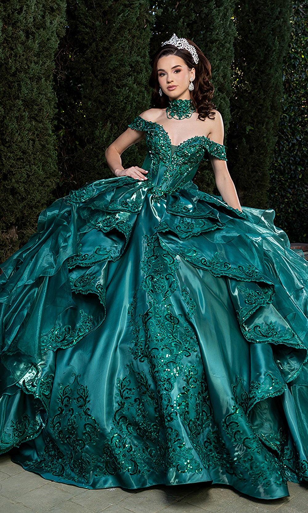 May Queen LK300 hunter green ball gown — front view of the sparkling tiered ruffle quinceañera skirt