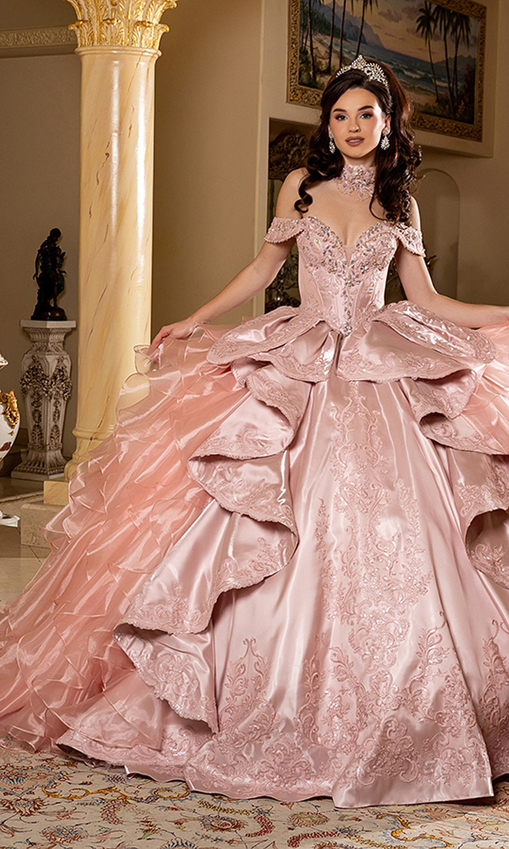 May Queen LK300 rose gold ball gown — side view of the tiered ruffle quinceañera skirt and train