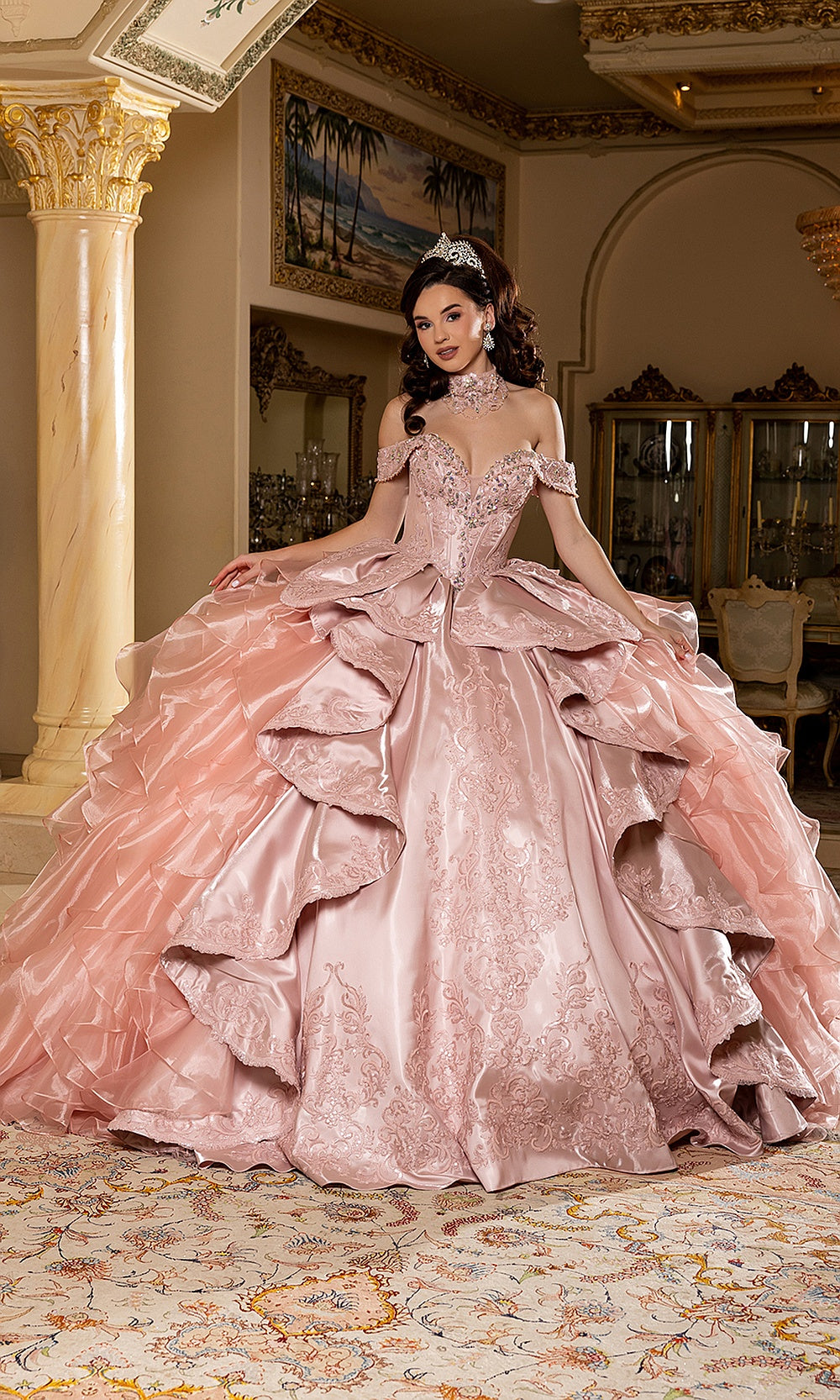 May Queen LK300 rose gold off-shoulder quinceañera gown — front view of the beaded bodice and ruffle skirt