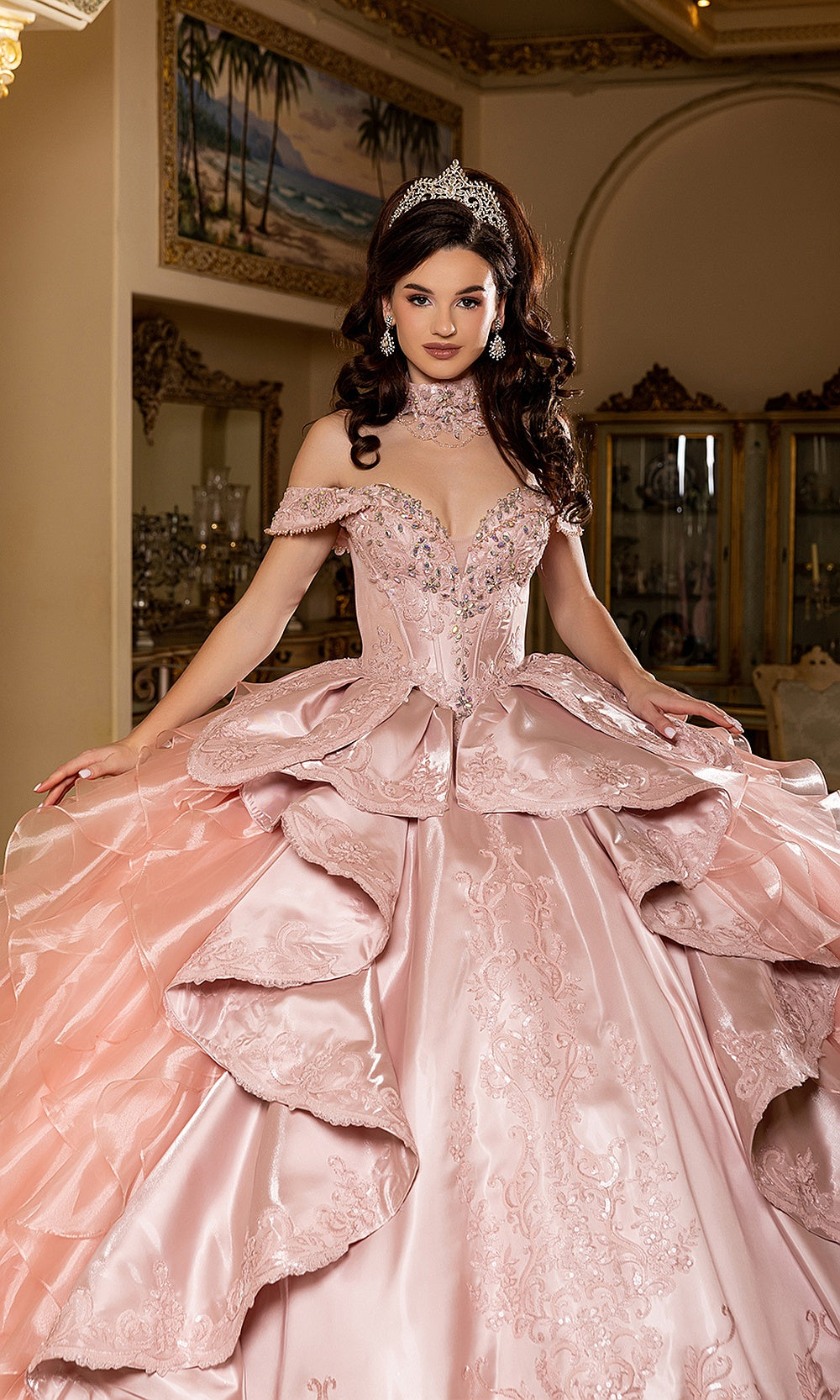 May Queen LK300 rose gold beaded bodice — close front view of the off-shoulder quinceañera gown