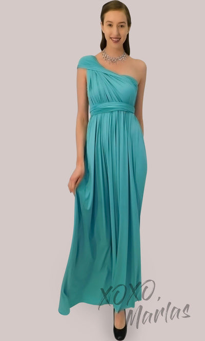 Long turquoise infinity bridesmaid dress or multiway dress or convertible dress.One dress worn in multiple ways.This blue green one size dress is great for bridesmaid, prom, destination wedding, gala, cheap western party dress, semi formal