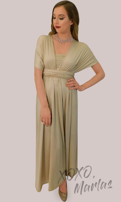  Long champagne gold infinity bridesmaid dress or multiway dress or convertible dress.One dress worn in multiple ways. This nude light yellow one size dress is perfect for bridesmaid, prom, destination wedding, gala, cheap western party dress, semi formal, cocktail