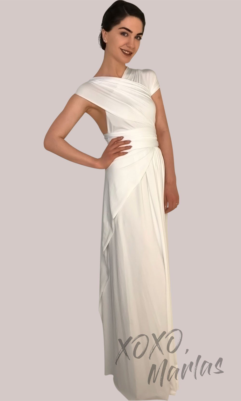 Long white infinity bridesmaid dress or multiway dress or convertible dress.One dress worn in multiple ways.This ivory one size dress is great for bridesmaid, prom, destination wedding, gala, cheap western party dress, semi formal