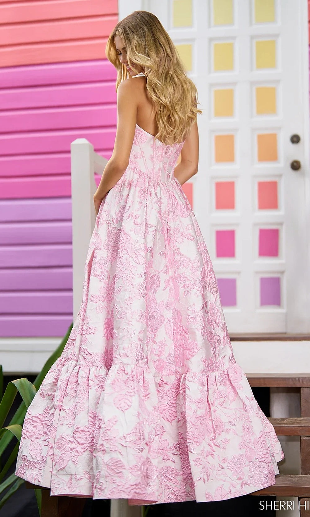 Sherri Hill 56055 Pink prom dress back view open back floral brocade ballgown strapless sweetheart corset bodice evening gown
