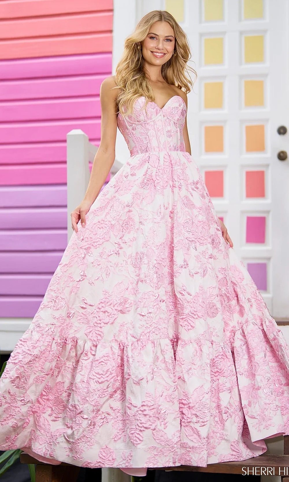 Sherri Hill 56055 Pink prom dress full view floral brocade ballgown strapless sweetheart corset bodice with hidden pockets pageant gown