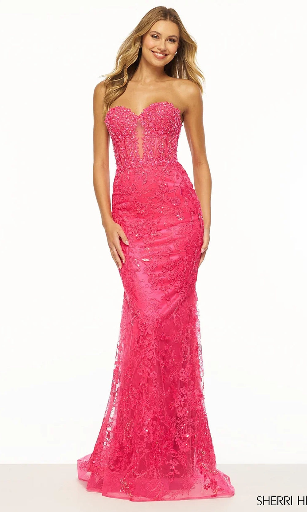 Sherri Hill 56160 Fuchsia front view strapless lace mermaid prom gown with sheer illusion corset bodice, crystal beading, and floral lace appliqué skirt, formal prom gown