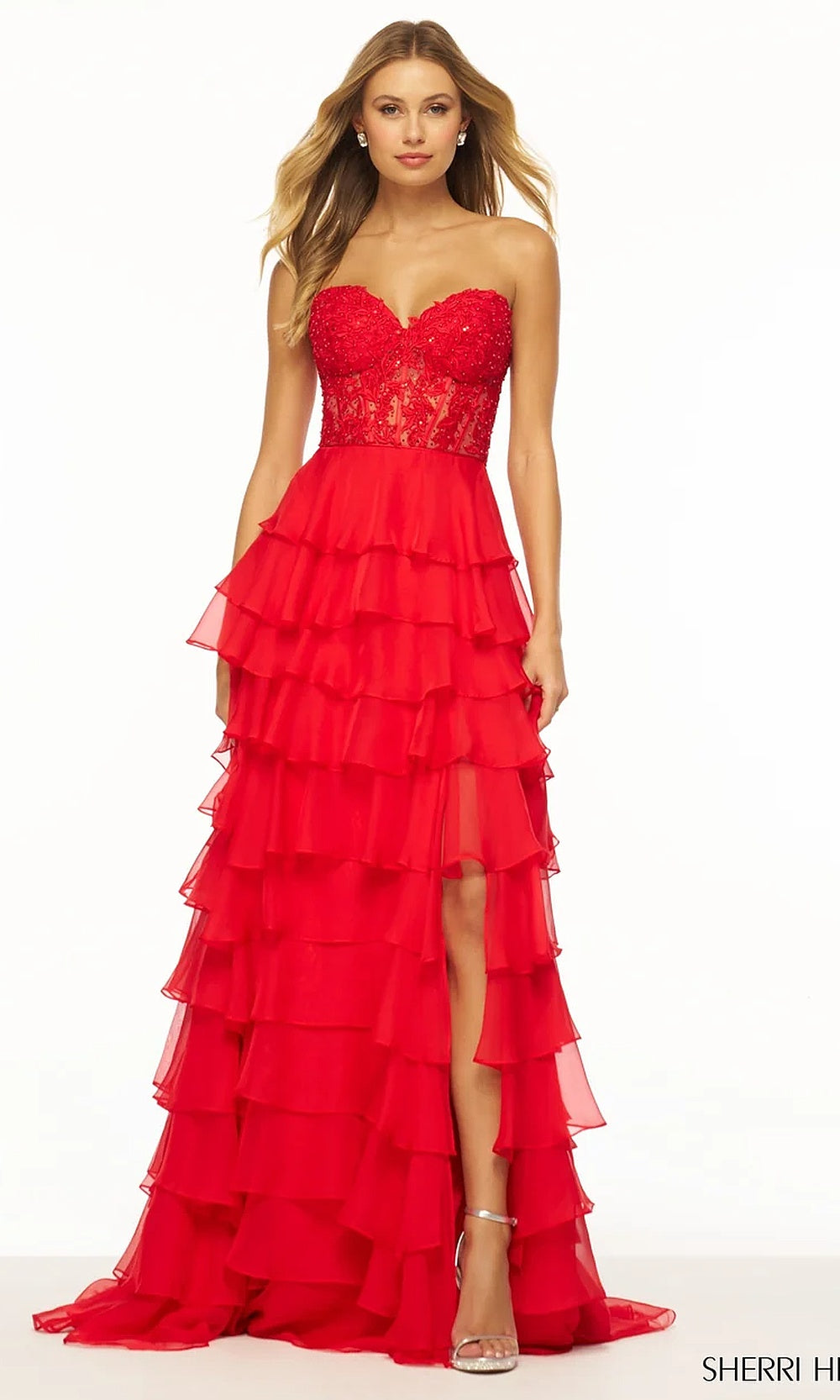 Sherri Hill 56162 Red front view strapless sweetheart lace corset bodice tiered chiffon ruffle prom gown pageant gown