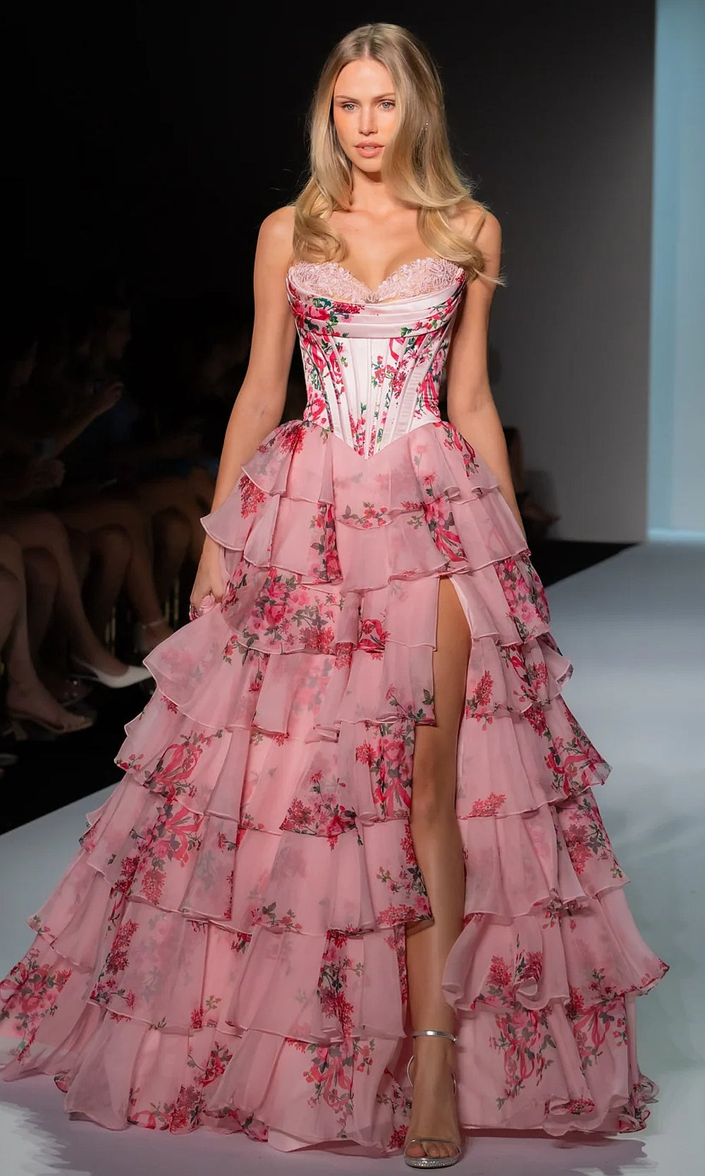 Sherri Hill 57249 Pink Print prom dress full view with floral organza tiered ruffle ballgown skirt, strapless sweetheart corset bodice, front slit, formal prom gown