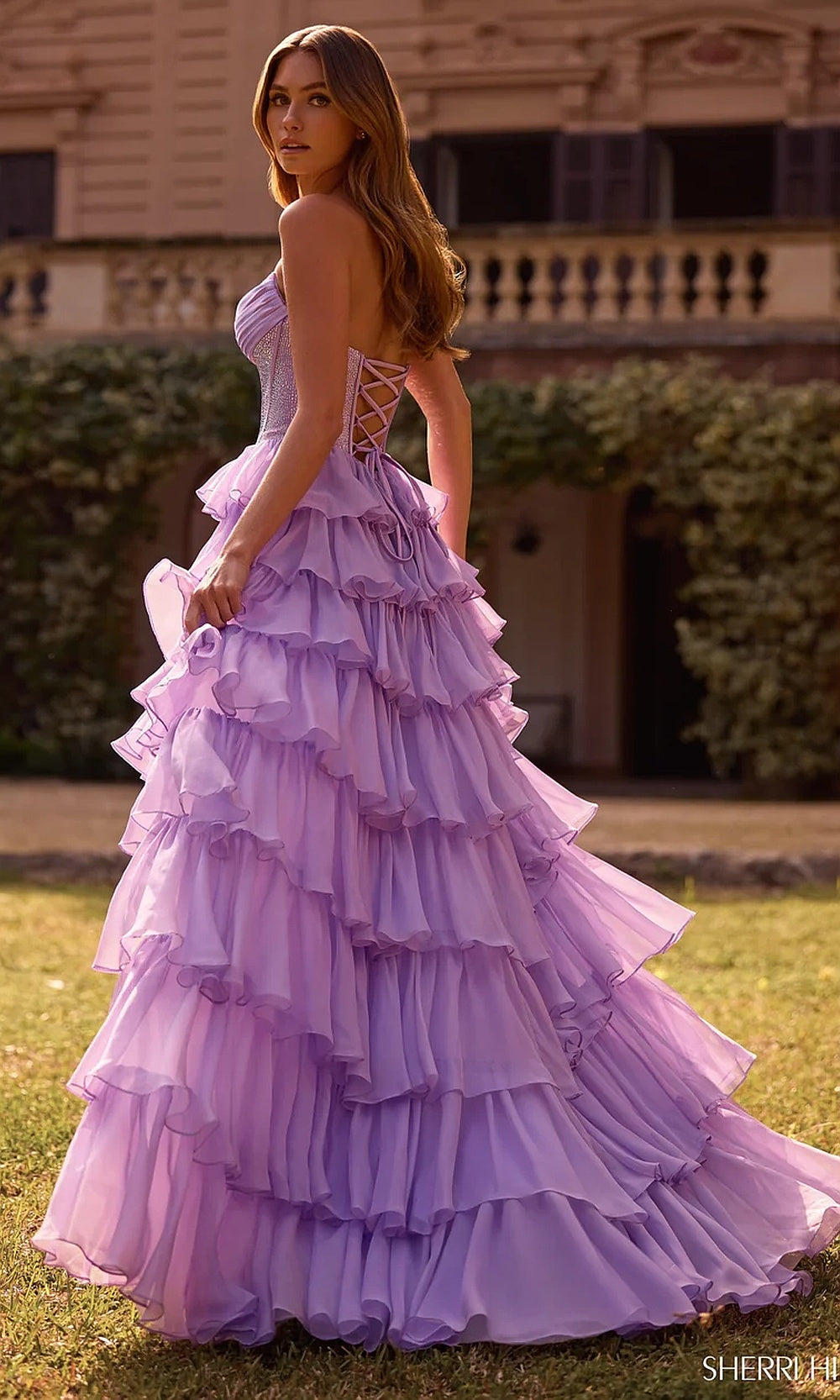 Sherri Hill 57288 Lilac back view lace-up corset-back closure on chiffon tiered ballgown, structured boned bodice, evening gown styled for prom
