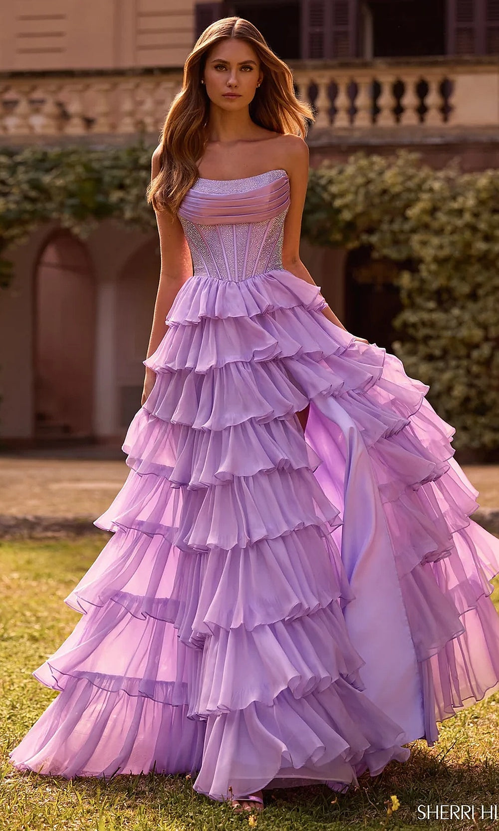 Sherri Hill 57288 Lilac front view strapless beaded corset ballgown with chiffon tiered ruffle skirt, boned bodice, formal prom gown