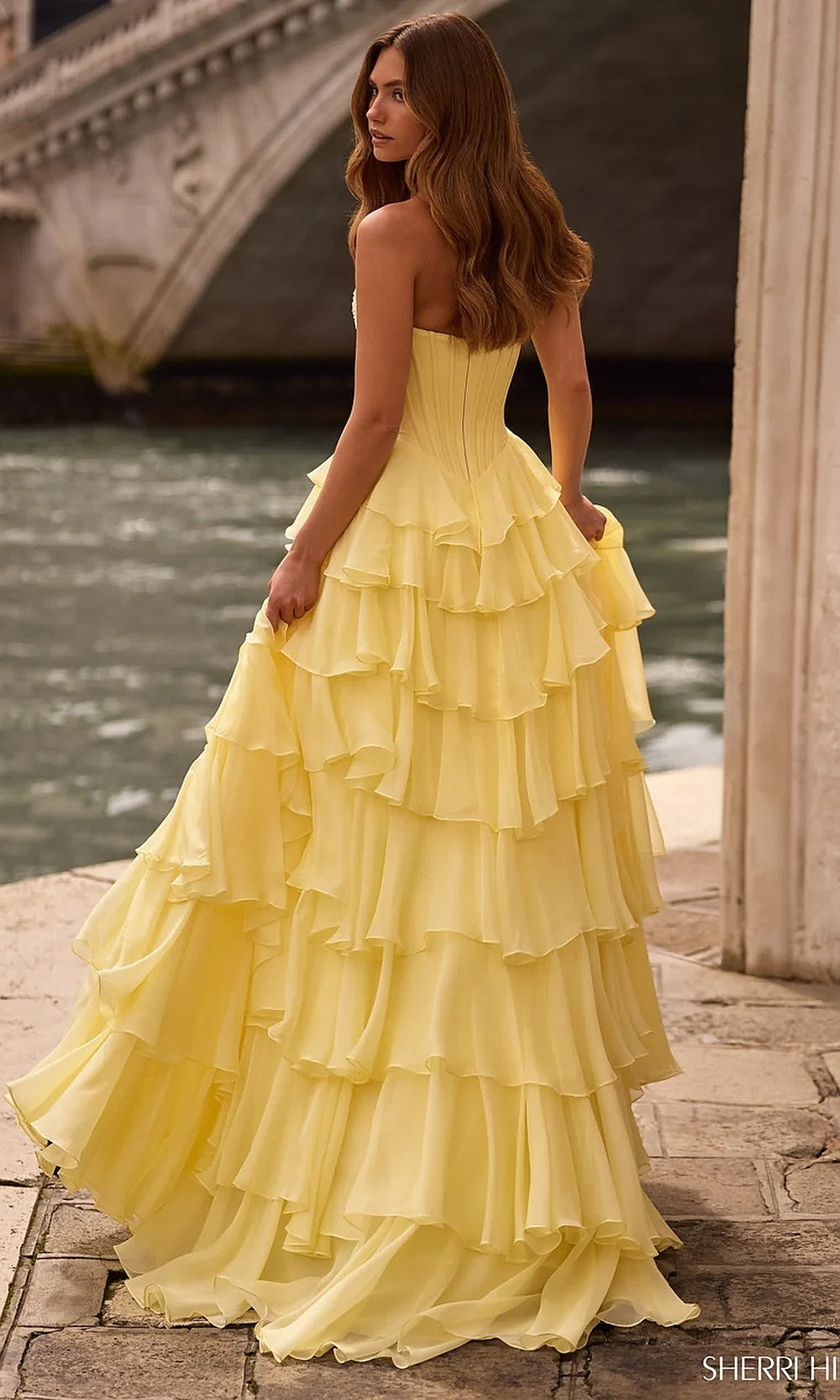Sherri Hill 57541 Yellow prom dress back view structured boned corset high-back ballgown in chiffon with tiered ruffle skirt evening gown