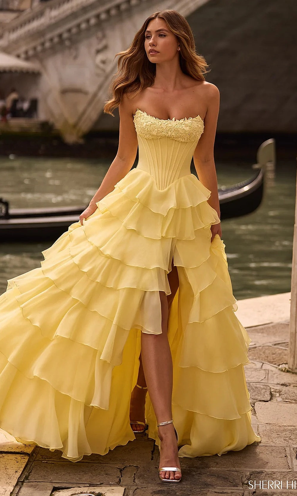 Sherri Hill 57541 Yellow prom dress front view strapless chiffon ballgown with floral appliqué bodice tiered ruffle skirt and high front slit formal prom gown