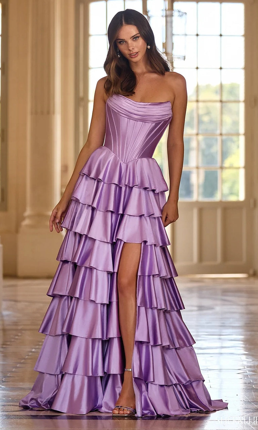 Sherri Hill 57686 Lilac prom dress front view strapless satin ballgown with boned corset bodice, tiered ruffle a-line skirt, high slit, formal prom gown