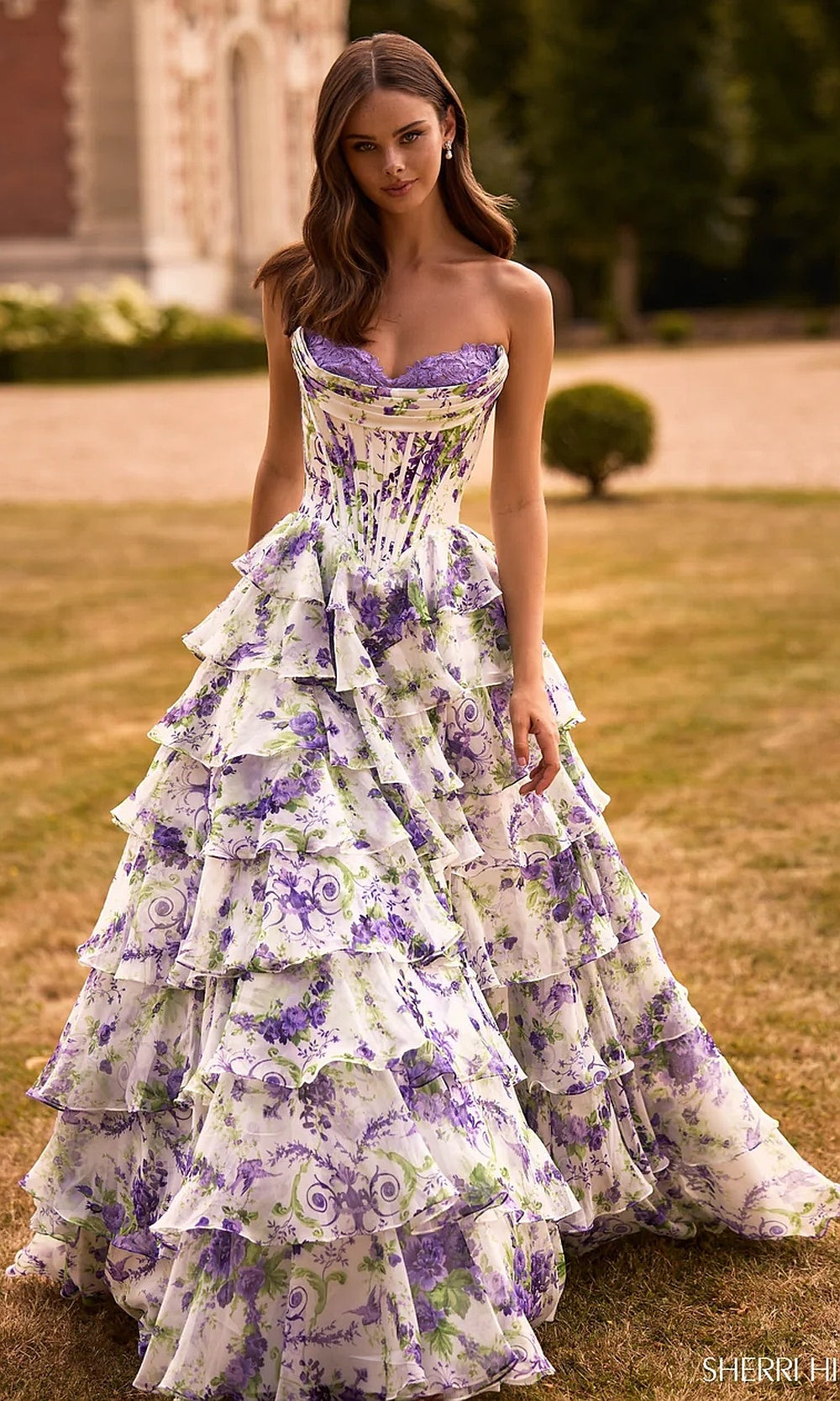Sherri Hill 57692 Ivory Purple Green Print prom dress front detail view with purple lace appliqué sweetheart neckline boned corset bodice floral print chiffon formal prom gown