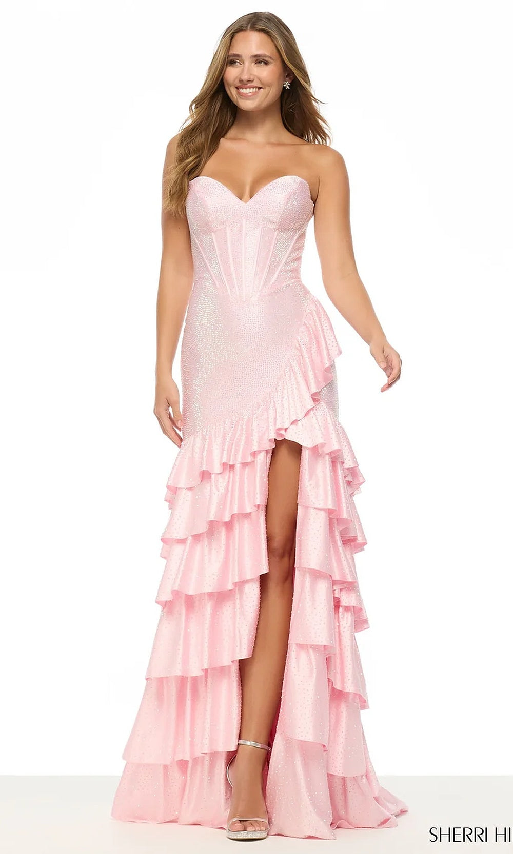 Sherri Hill 57695 Pink prom dress full length view with all-over hot-stone ruffle skirt high front slit strapless corset red carpet styling