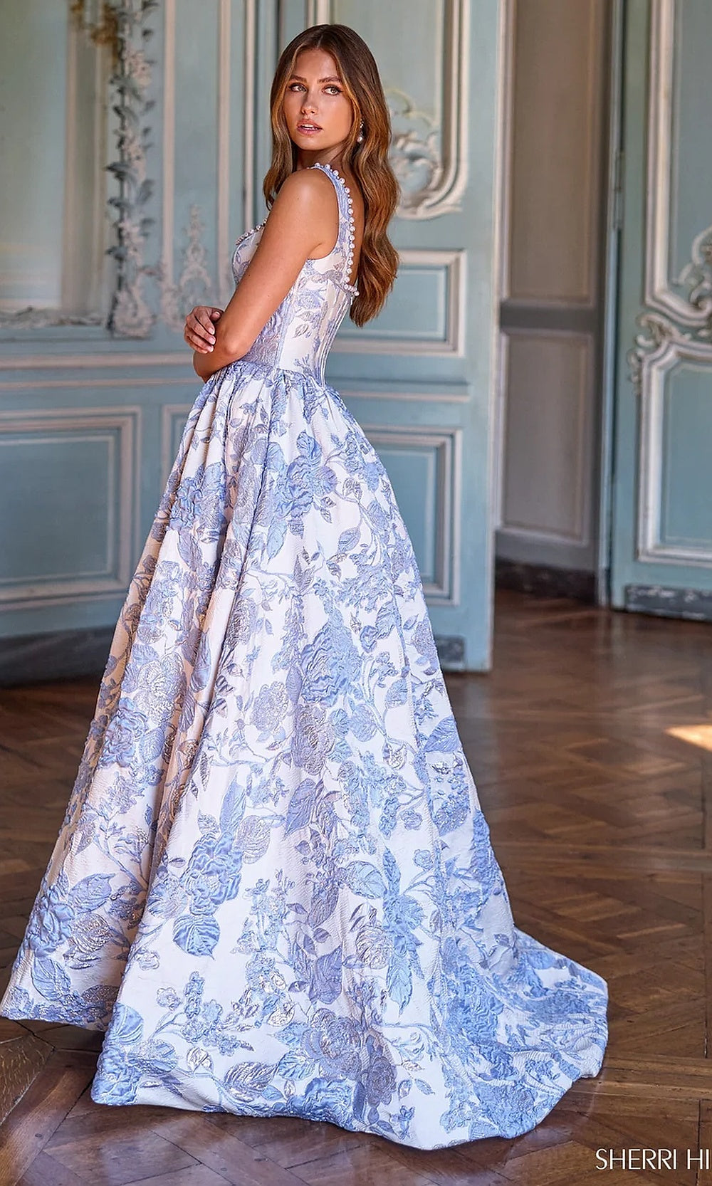Sherri Hill 57731 Ivory Light Blue prom back view floral jacquard ballgown with corset lace-up back, small train, evening gown