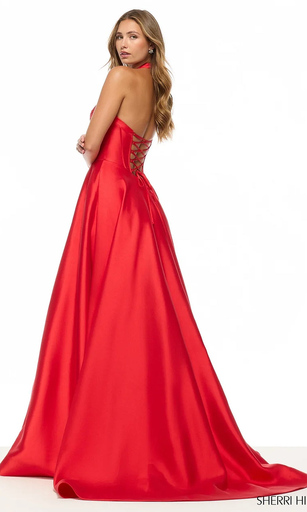 Sherri Hill 57737 Red prom gown back view with satin fabric, open lace-up corset back and sweep train, a-line ballgown silhouette, evening gown