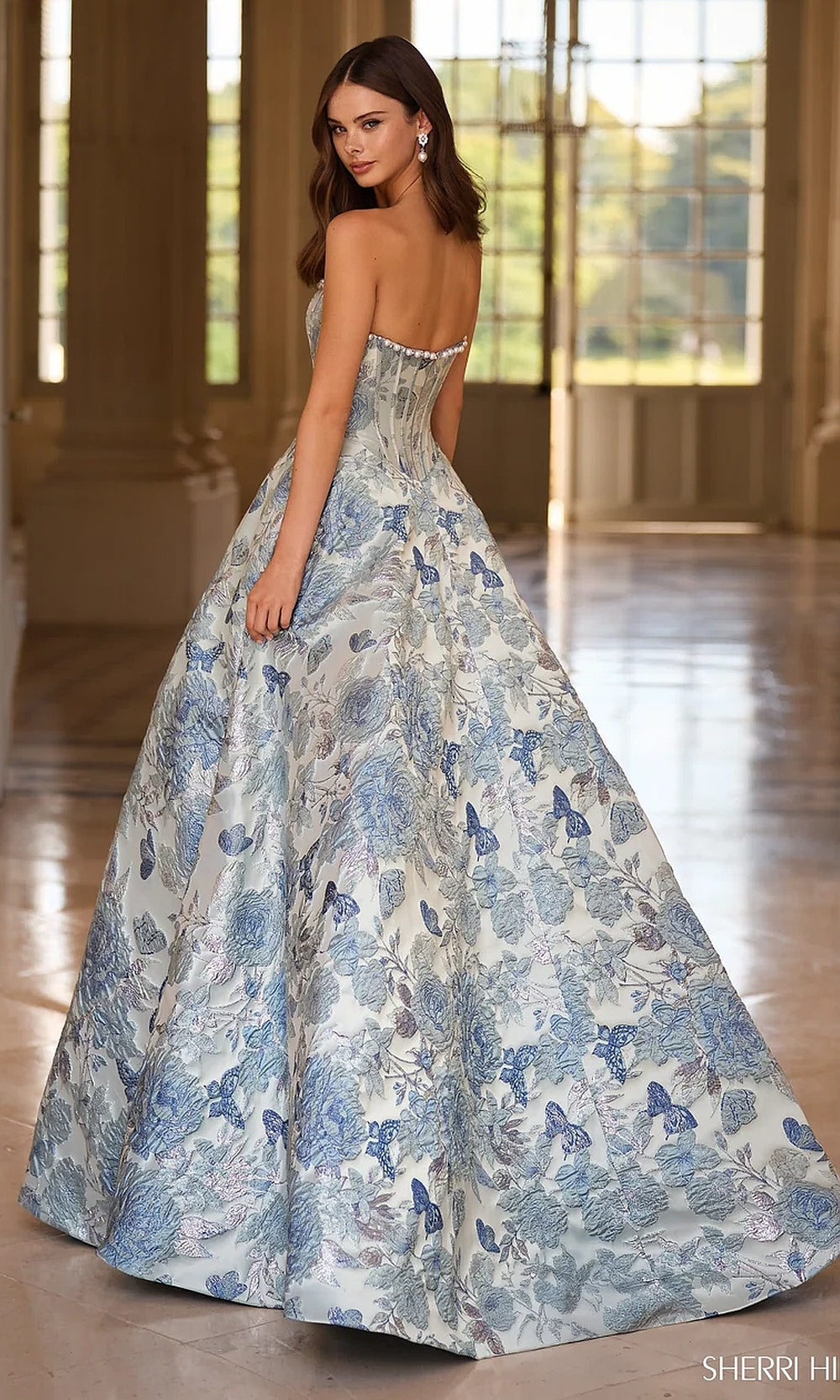 Sherri Hill 57741 Light Blue Print prom ballgown with open corset bodice back, full ballgown skirt, back view, evening gown