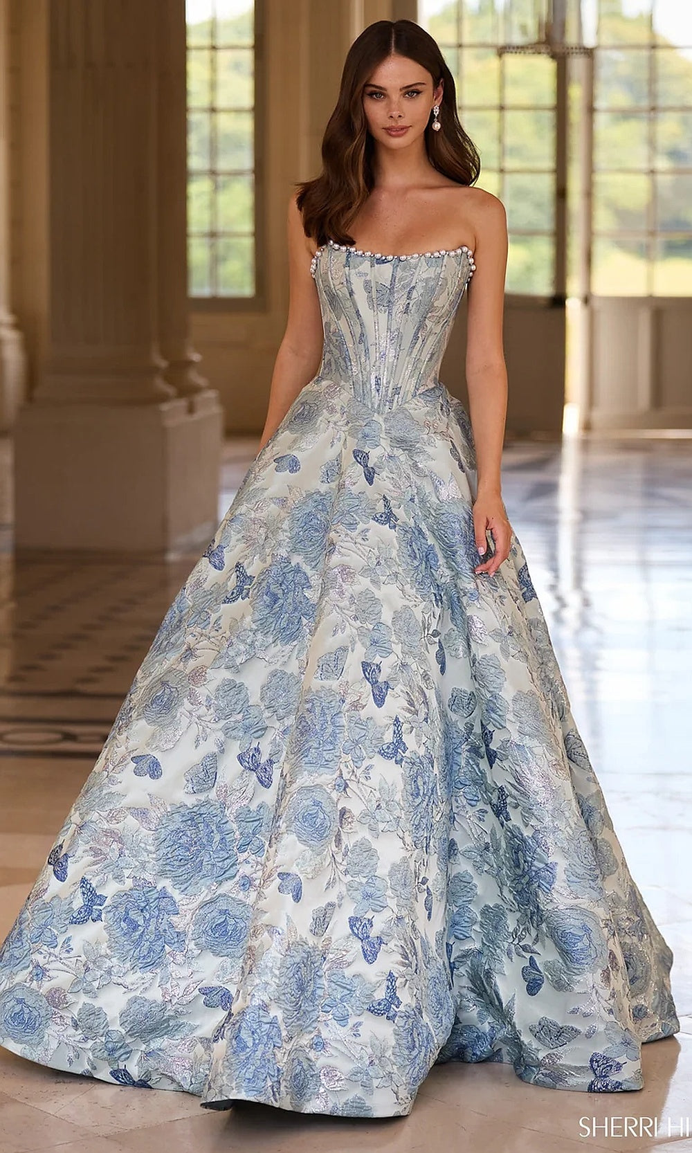 Sherri Hill 57741 Light Blue Print prom ballgown with floral brocade glitter fabric, pearl neckline trim, strapless corset bodice, front view, formal prom gown