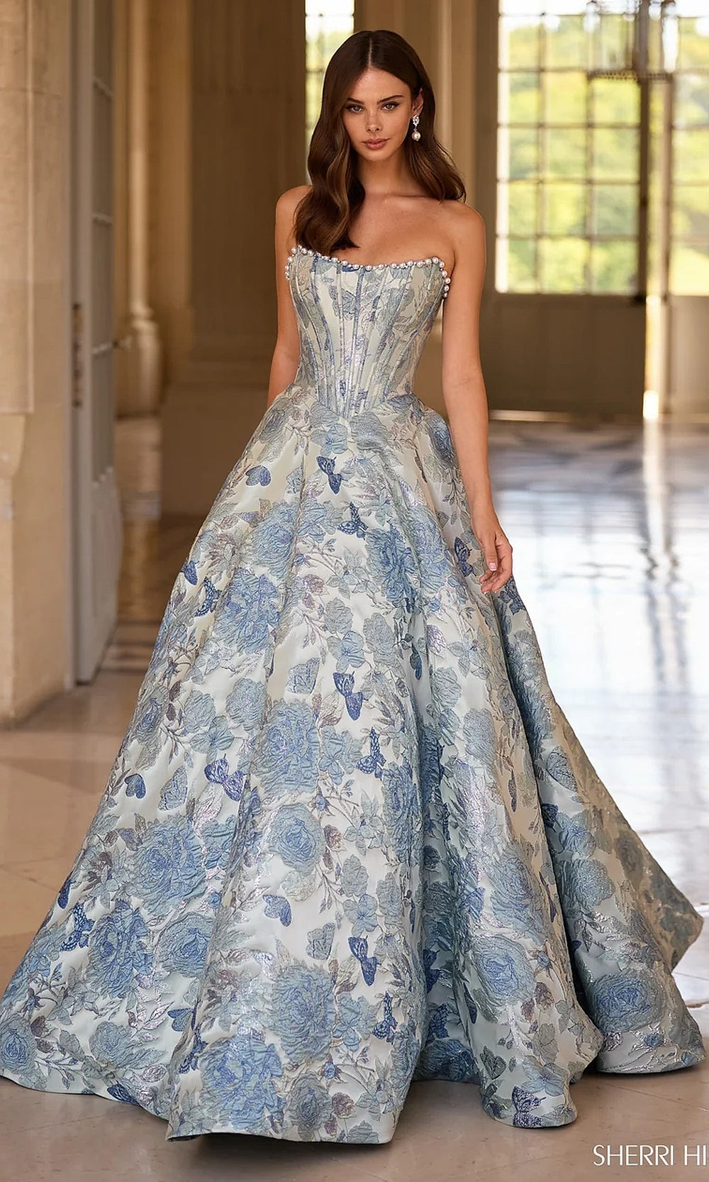 Sherri Hill 57741 Light Blue Print prom ballgown with floral brocade and glitter threading, full-length a-line silhouette, full view, red carpet styling
