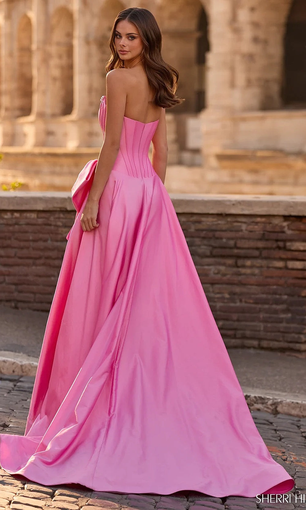 Sherri Hill 57813 Fuchsia Candy Pink prom dress back view fully covered high back satin a-line ballgown with visible boning channels evening gown