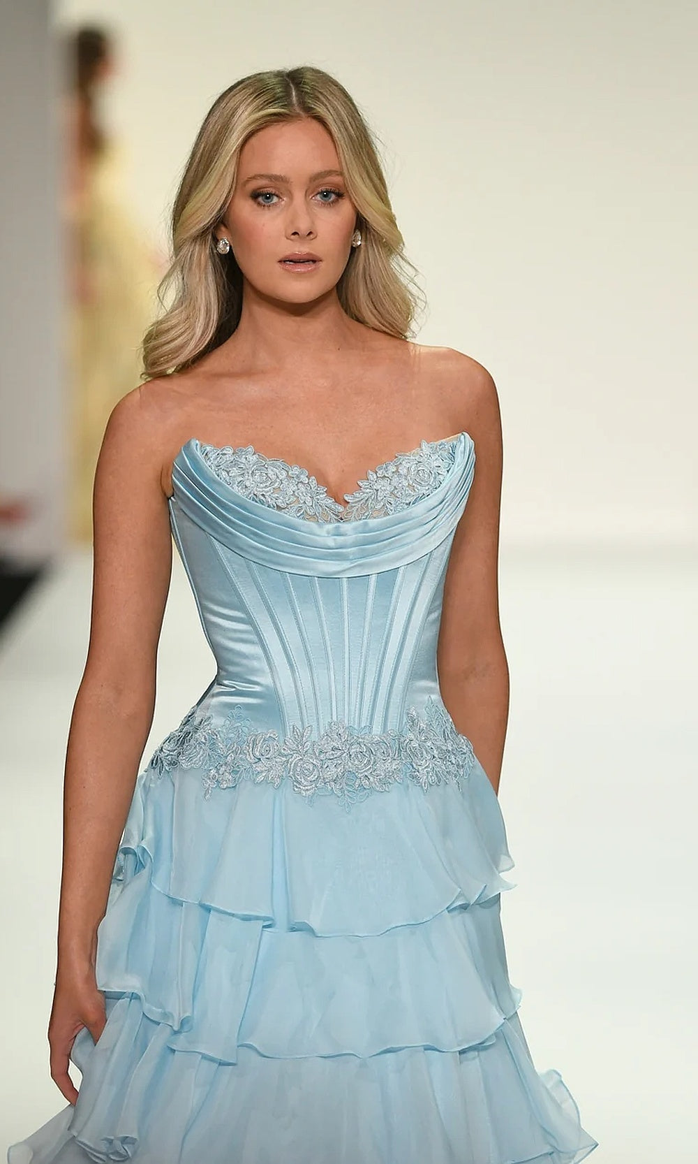 Sherri Hill 57868 Light Blue detail view of satin corset bodice boning channels, floral appliqués at sweetheart bust trim and waistband, formal prom gown