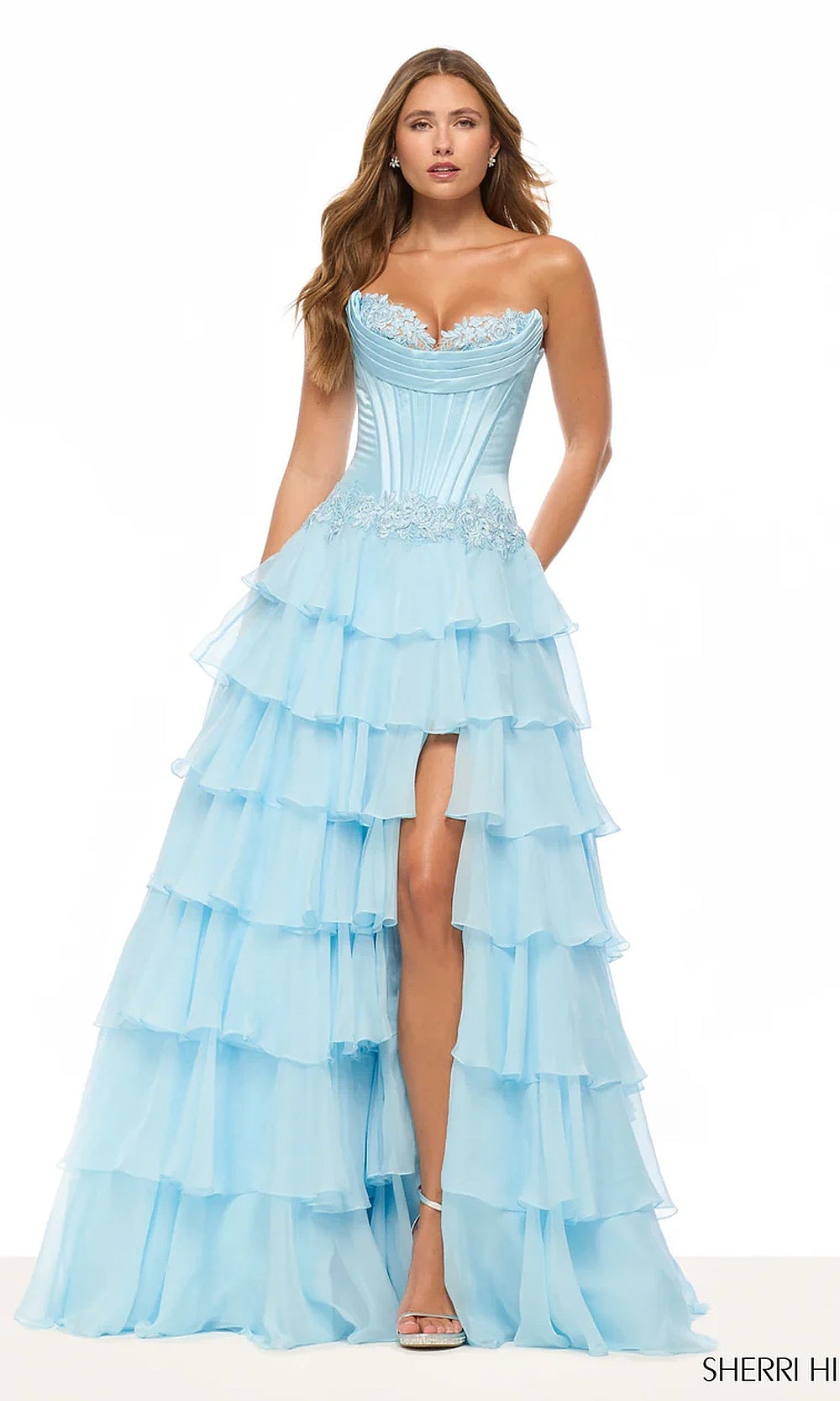 Sherri Hill 57868 Light Blue full-length prom ballgown view showing tiered chiffon skirt volume, floor-sweeping train, strapless sweetheart silhouette, evening gown