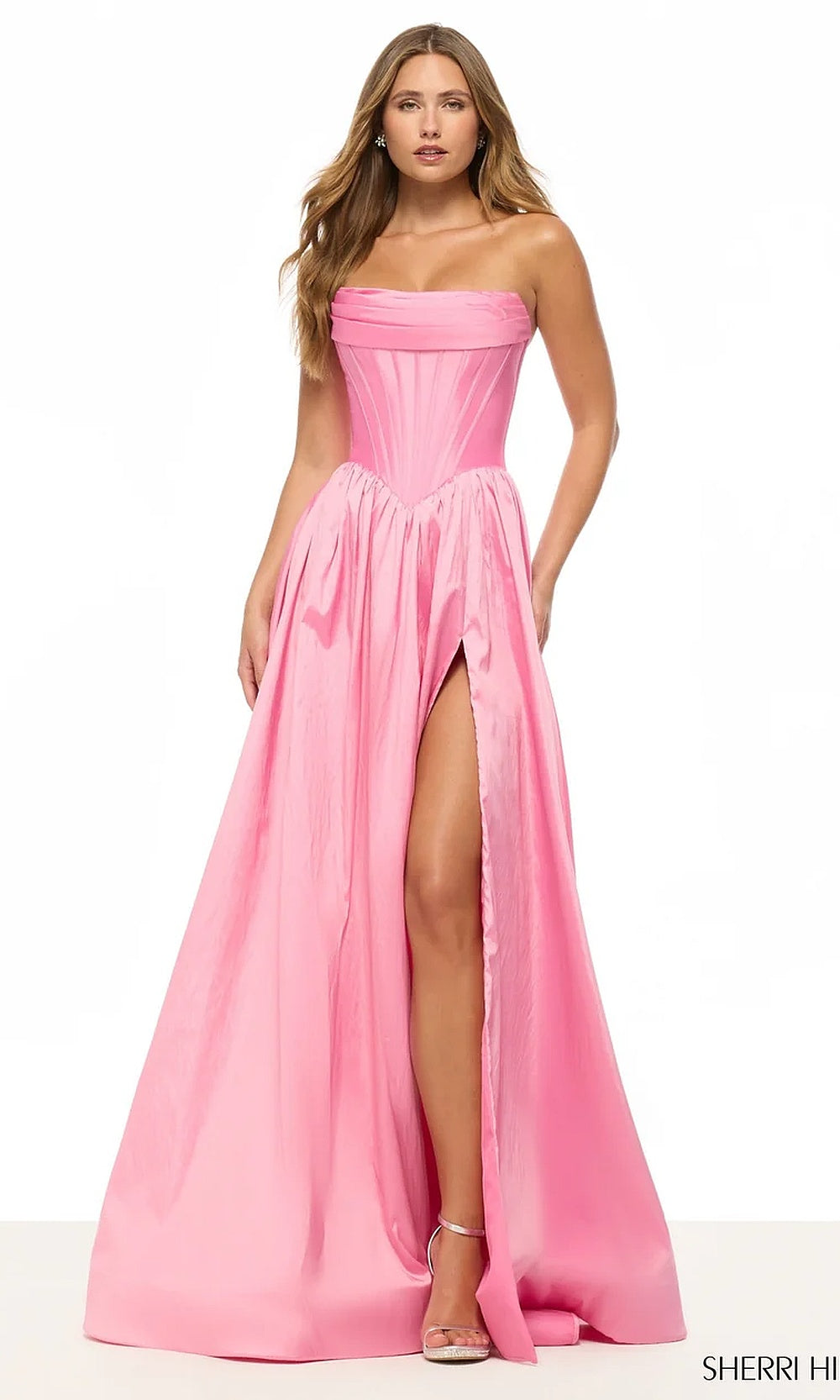 Sherri Hill 57870 Bright Pink prom dress front view with structured satin ballgown skirt, corset bodice with boning, high front slit, formal prom gown
