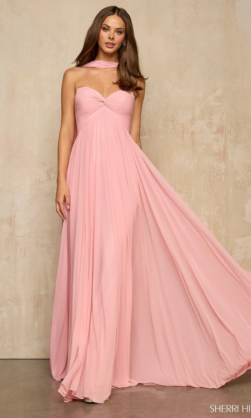 Sherri Hill 57942 Light Pink prom dress with chiffon fabric, draped halter cape panel, a-line silhouette, front view, formal prom gown