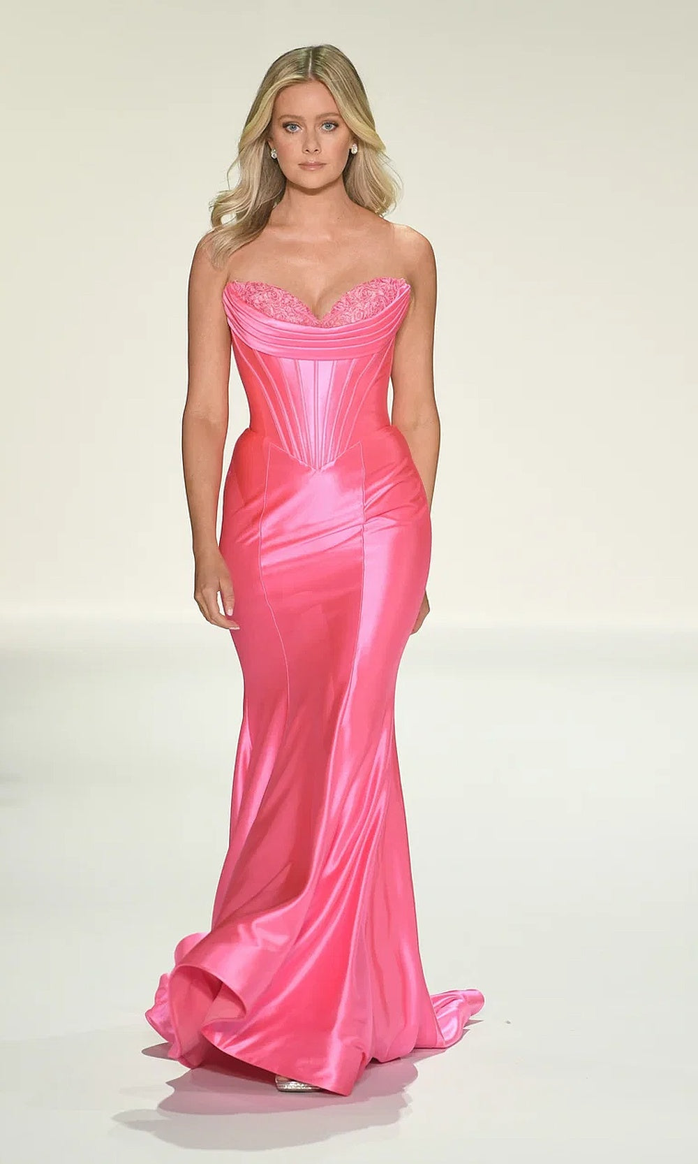 Sherri Hill 57986 Bright Pink prom gown front view with strapless sweetheart neckline, stretch jersey mermaid silhouette, lace trim bodice, formal prom gown