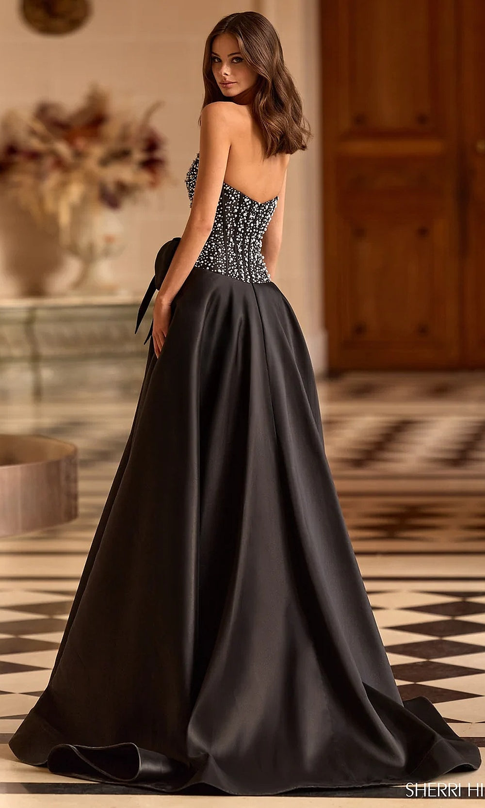 Sherri Hill 58010 Black Silver prom open-back beaded corset ballgown with train, full back view exposed bodice, evening gown