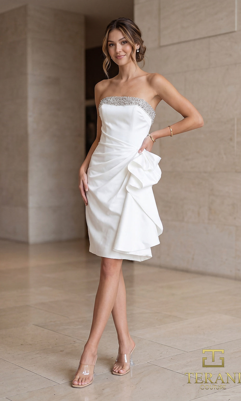 Terani Couture 252C5098 Ivory cocktail dress front view with strapless crepe sheath with crystal beaded neckline, sculptural side ruffle drape, above-knee, cocktail bridal party dress