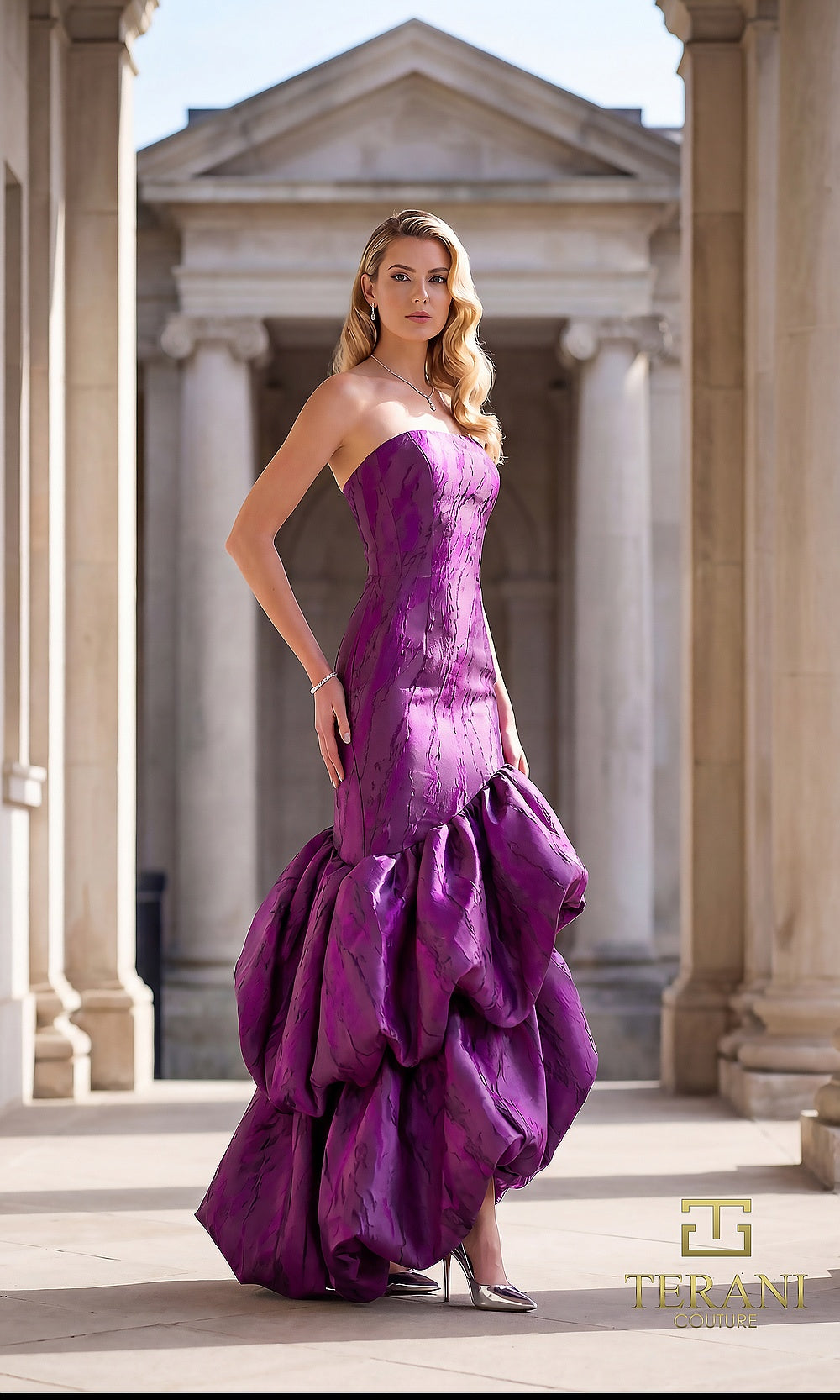 Terani Couture 262C7546 Purple formal evening dress front view with strapless sweetheart jacquard fitted bodice, tiered bubble pick-up mermaid skirt, black tie event dress