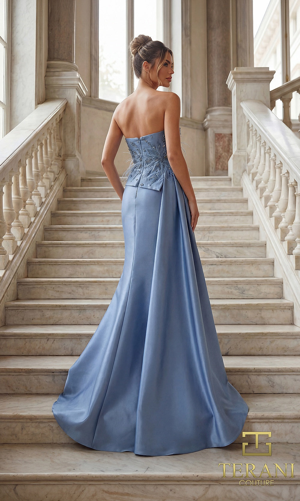 Terani Couture 262E7052 Slate Blue formal evening dress back view with strapless beaded peplum bodice, satin overskirt sweeping train, gala gown