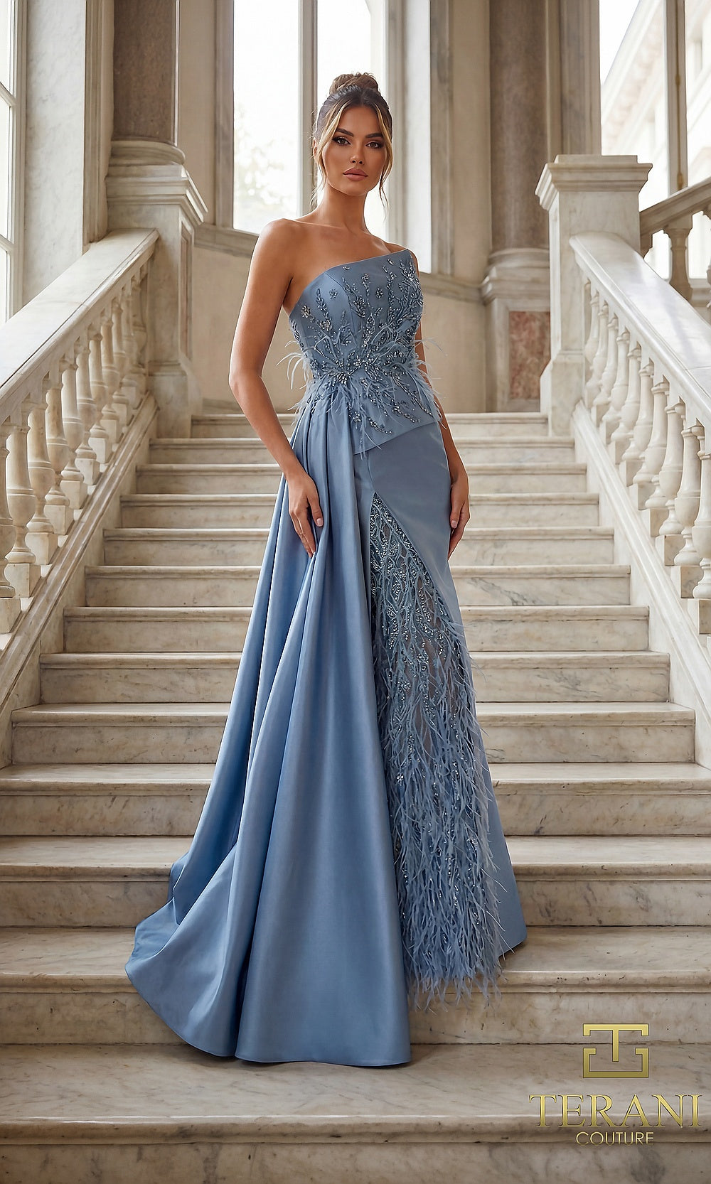 Terani Couture 262E7052 Slate Blue formal evening dress front view with strapless asymmetric neckline, beaded bodice, feather-trim column with satin overskirt, black tie event dress