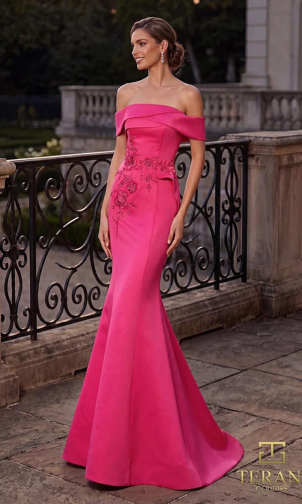Terani Couture 262E7053 Fuchsia formal evening dress front view with off-shoulder folded cuff neckline, tonal beaded appliqué, crepe fitted mermaid, gala gown