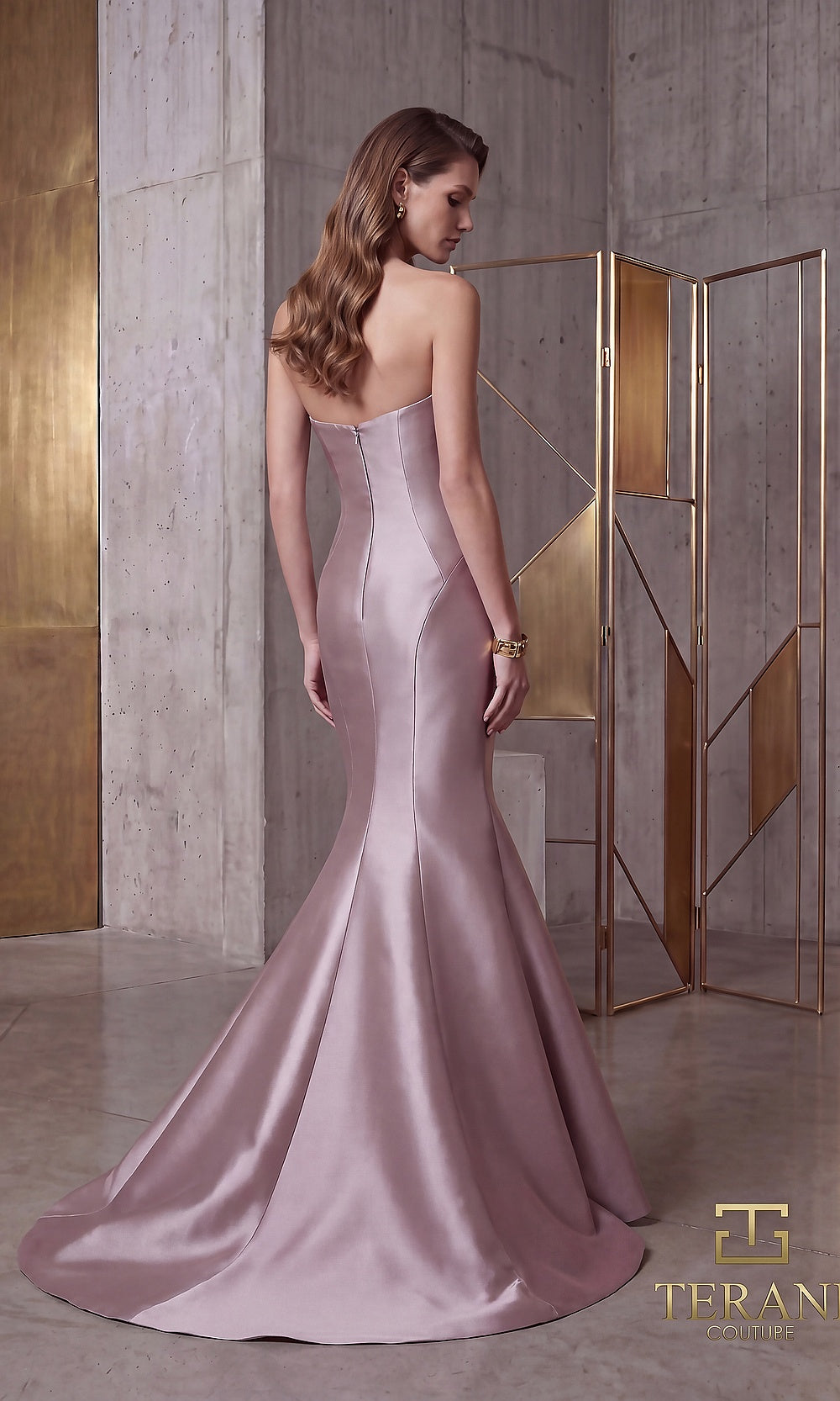 Terani Couture 262E7055 Mink formal evening dress back view with strapless mikado mermaid, low back, flared train, gala gown