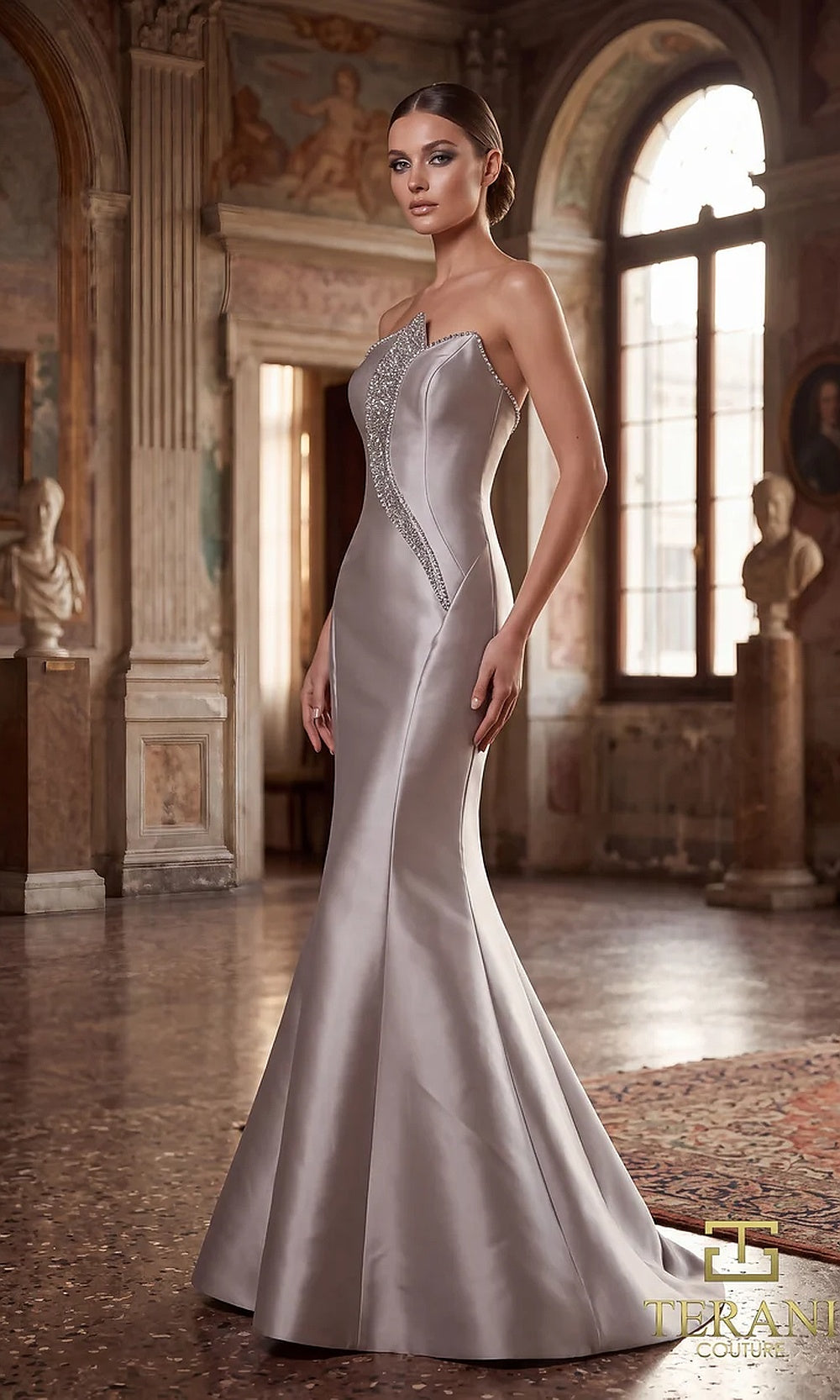 Terani Couture 262E7055 Taupe formal evening dress front view with strapless beaded notched neckline, mikado satin fitted mermaid, black tie event dress
