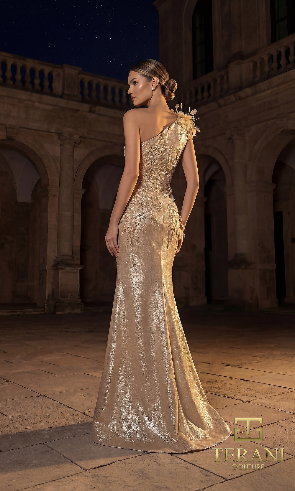 Terani Couture 262E7062 Light Gold formal evening dress back view with one-shoulder metallic lamé column gown, feather shoulder accent, gala gown