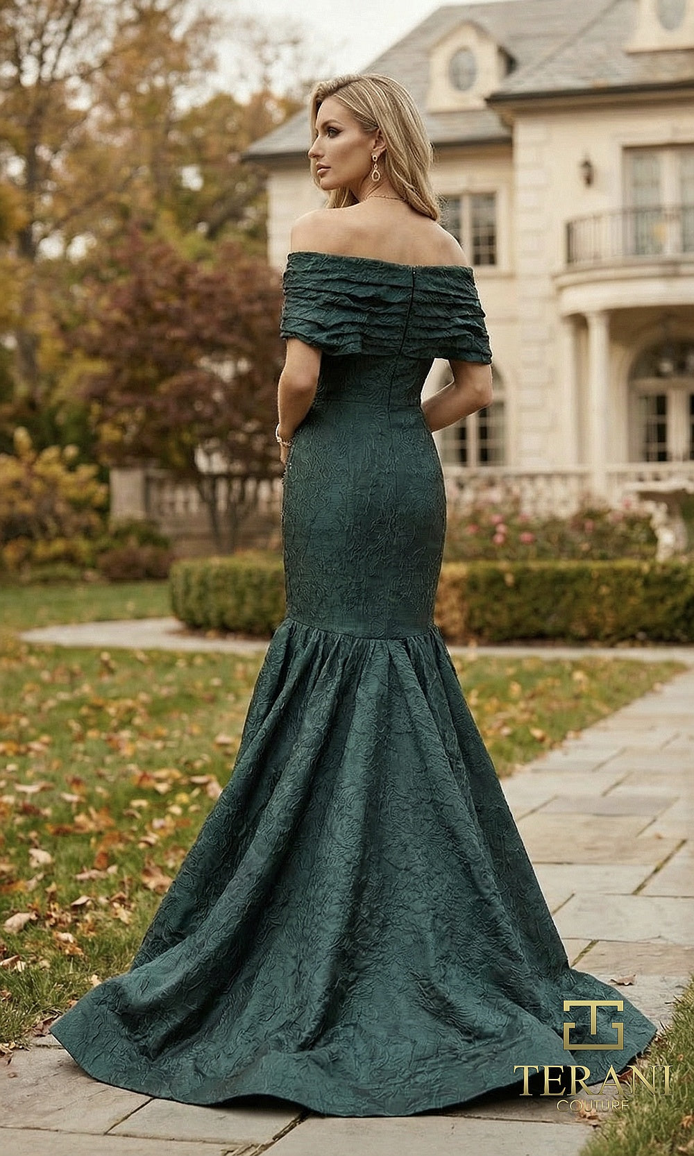 Terani Couture 262E7069 Hunter formal evening dress back view with off-shoulder ruched neckline, textured jacquard mermaid with flared godet skirt, gala gown