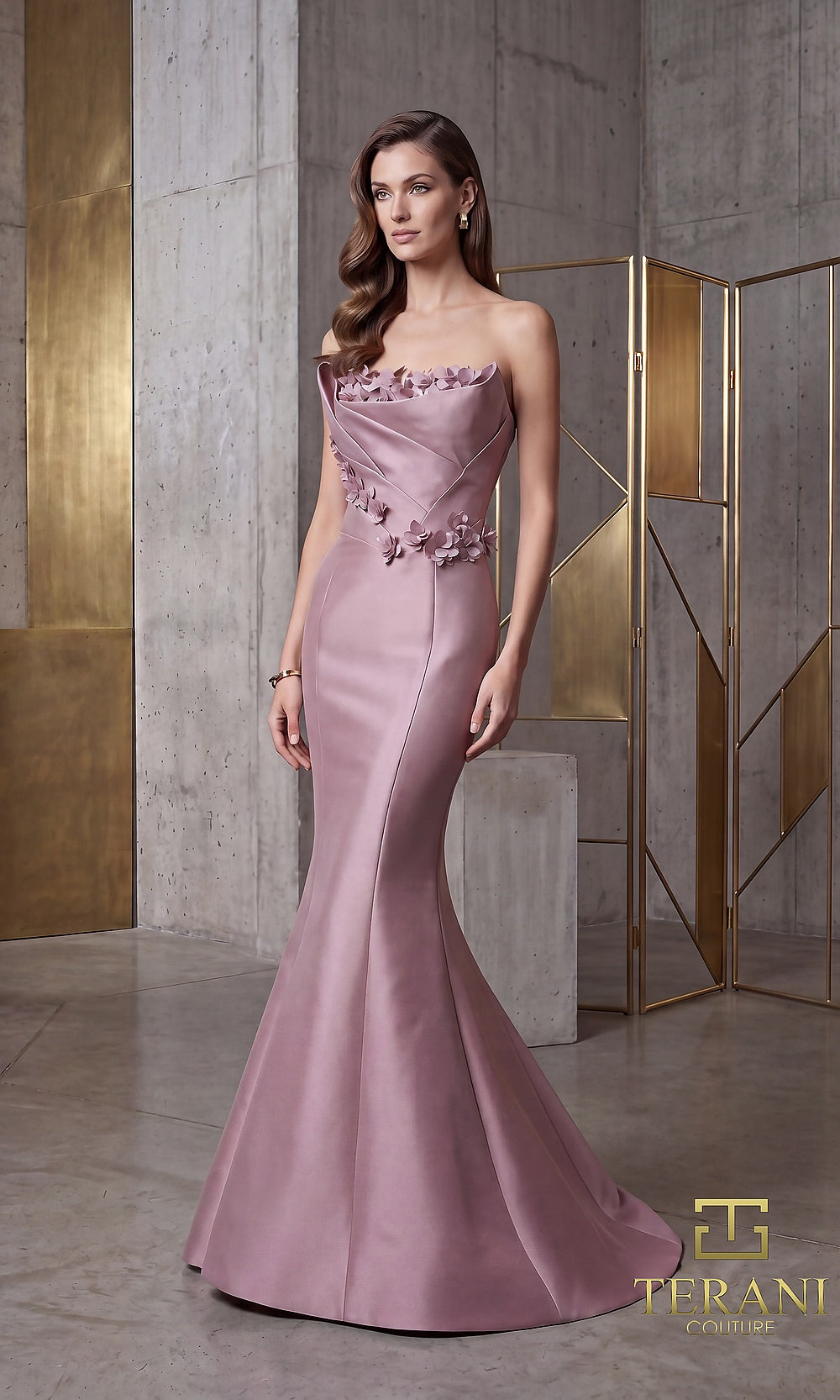 Terani Couture 262E7072 Mauve formal evening dress front view with strapless neckline with 3D floral appliqué, mikado satin fitted mermaid, evening gown