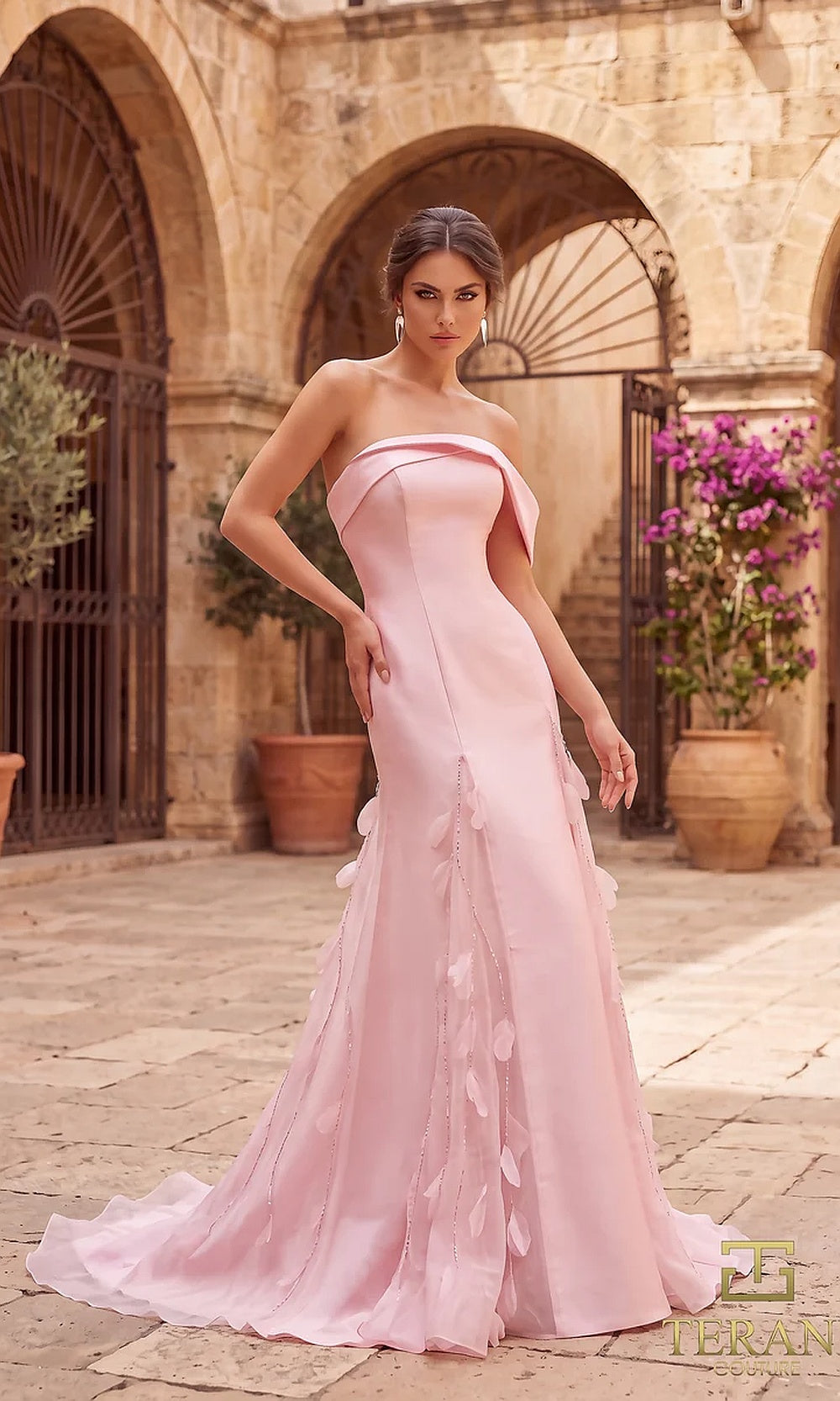 Terani Couture 262E7080 Light Mauve formal evening dress front view with off-shoulder folded neckline, satin A-line with textured petal appliqué panels, sweep train, gala gown