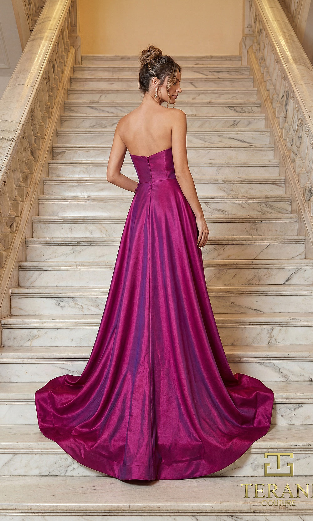 Terani Couture 262E7082 Cranberry formal evening dress back view with strapless taffeta A-line gown, cathedral sweep train, black tie event dress
