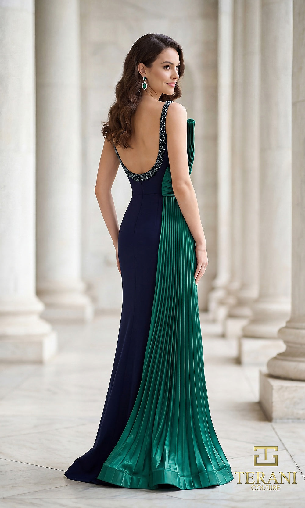 Terani Couture 262E7085 Navy Teal formal evening dress back view with colorblock crepe column, scoop back with beaded straps, pleated teal satin back panel, gala gown