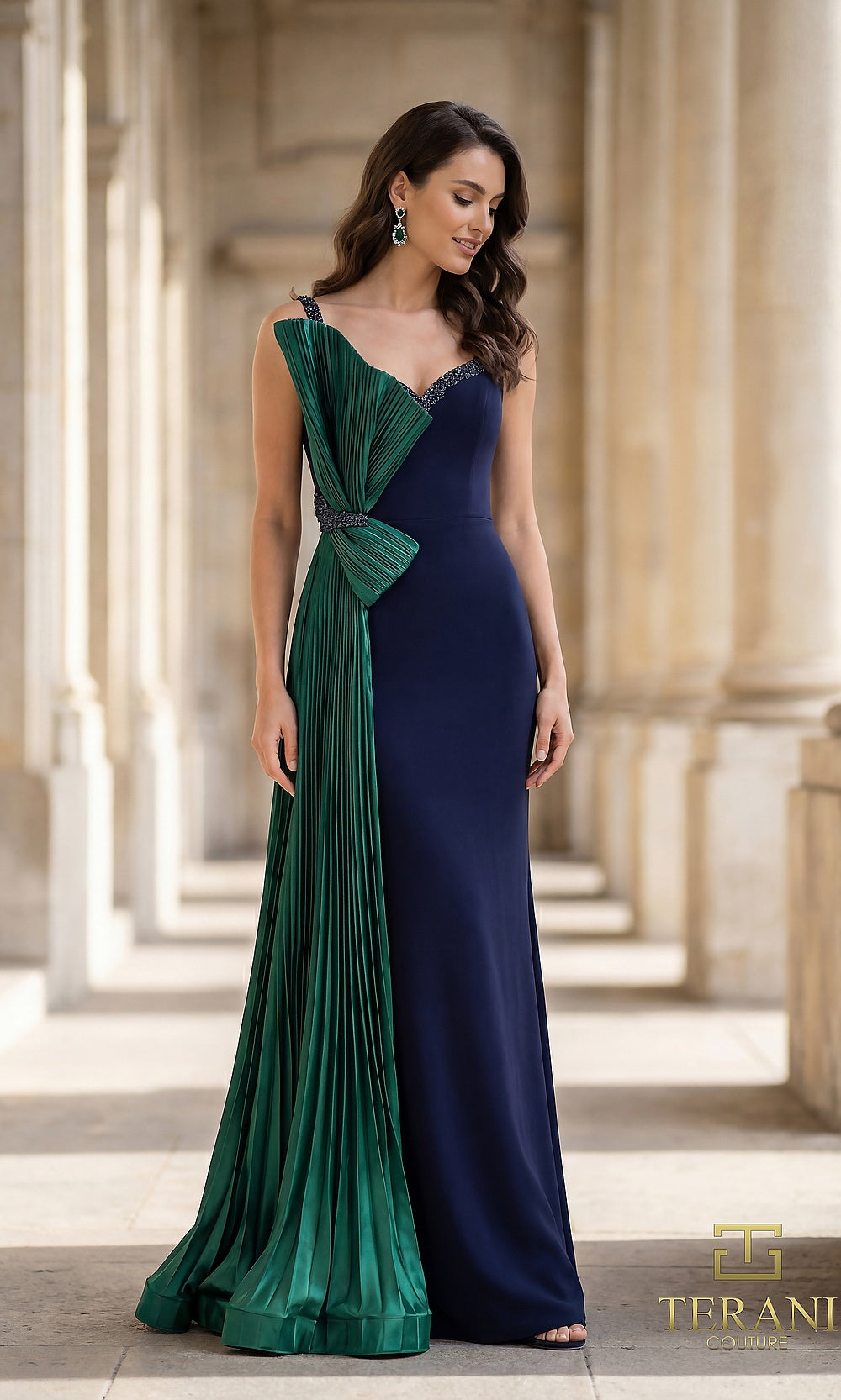 Terani Couture 262E7085 Navy Teal formal evening dress front view with one-shoulder colorblock gown, navy crepe with pleated teal satin bow drape, fitted column, black tie event dress
