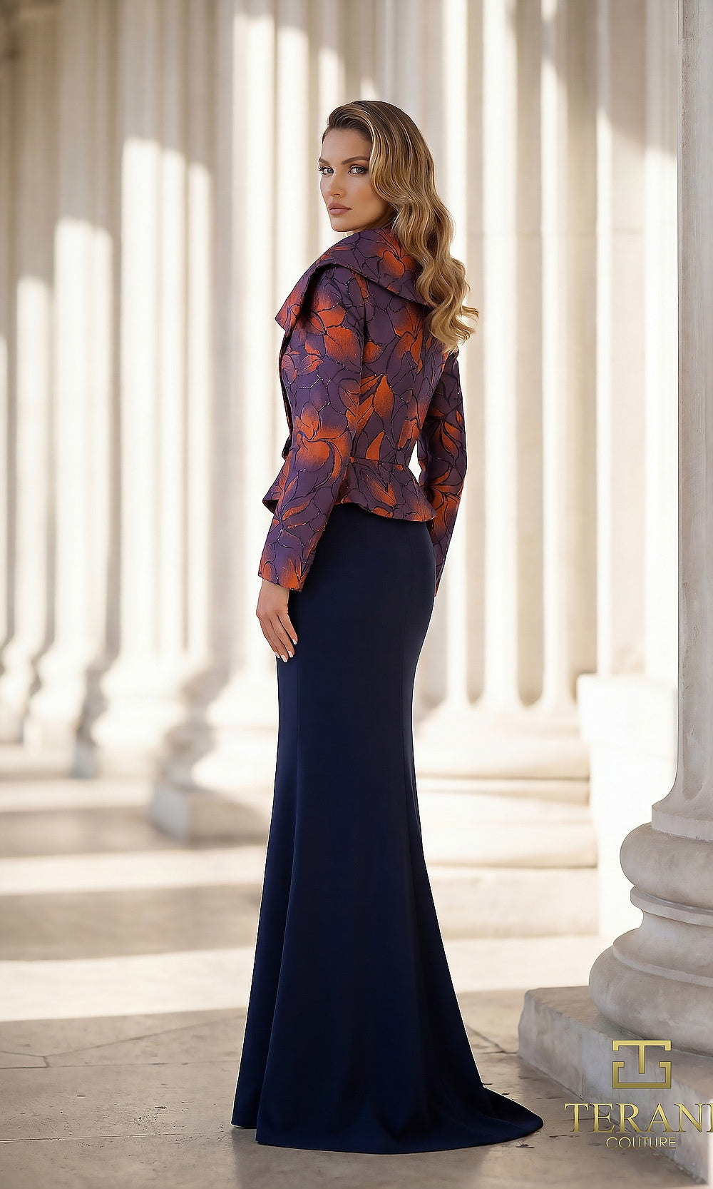 Terani Couture 262E7090 Navy Multi formal evening dress back view with two-piece look, printed jacquard long-sleeve portrait-collar jacket, navy crepe column skirt, gala gown